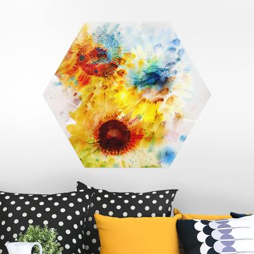 Hexagone en alu Dibond - Watercolour Flowers Sunflowers