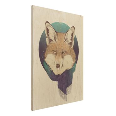 Impression sur bois - Illustration Fox Moon Purple Turquoise