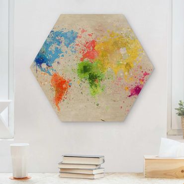 Hexagone en bois - Colourful Splodges World Map