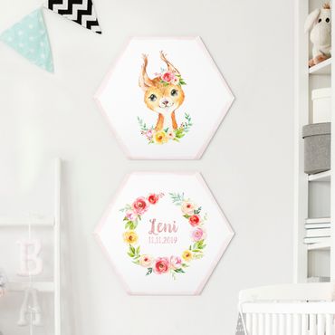 Hexagone en alu Dibond - Watercolour Forest Animals Flowers With Desired Name