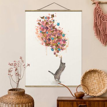 Tableau en tissu avec porte-affiche - Illustration Cat With Colourful Butterflies Painting