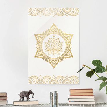 Tableau en verre - Mandala Lotus Illustration Ornament White Gold