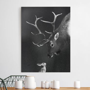 Tableau sur toile - Illustration Deer And Rabbit Black And White Drawing