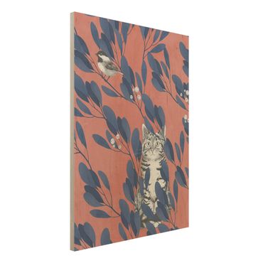 Impression sur bois - Illustration Cat And Bird On Branch Blue Red