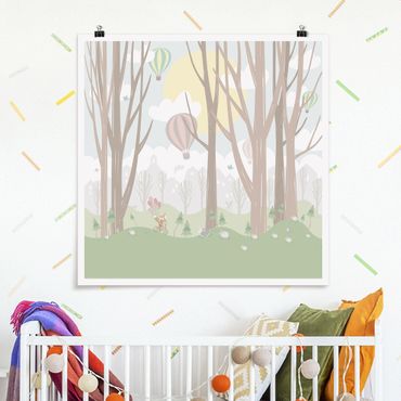 Poster - Sun With Trees And Hot Air Balloons
