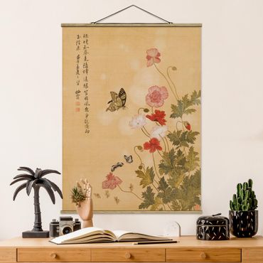 Tableau en tissu avec porte-affiche - Yuanyu Ma - Poppy Flower And Butterfly