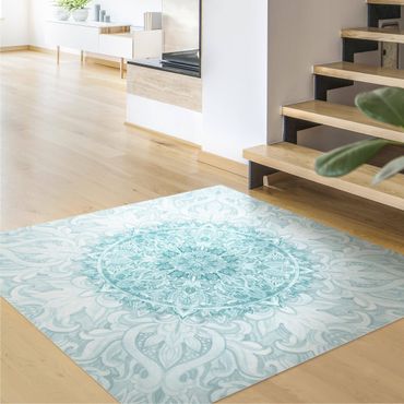Vinyl Floor Mat - Mandala Watercolour Ornament Turquoise - Square Format 1:1