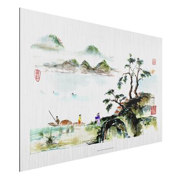 Impression sur aluminium - Japanese Watercolour Drawing Lake And Mountains