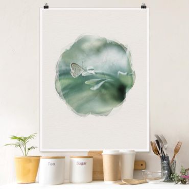 Poster - WaterColours - Butterfly And Dew Drops In Pastel Green