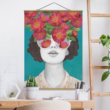 Tableau en tissu avec porte-affiche - Illustration Portrait Woman Collage With Flowers Glasses