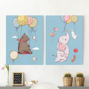 Impression sur toile - Cute Animals Fly On Balloon