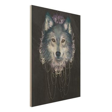 Impression sur bois - Illustration Wolf Boho Dream Catcher Black