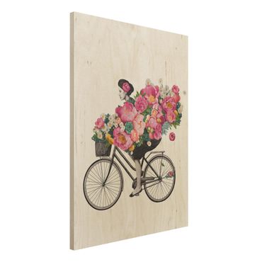 Impression sur bois - Illustration Woman On Bicycle Collage Colourful Flowers
