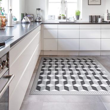Vinyl Floor Mat - Geometrical Tiles Illusion Of Stairs In Grey With Border - Square Format 1:1