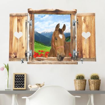 Sticker mural 3D - Window With Heart And Horse Alpine Meadow