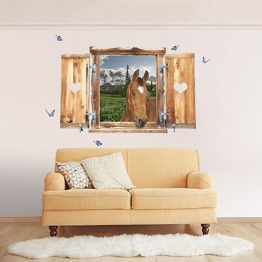 Sticker mural 3D - Window With Heart And Horse Mountains Meadow Path