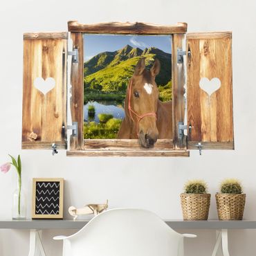 Sticker mural 3D - Window With Heart And Horse Looking Into Defereggental