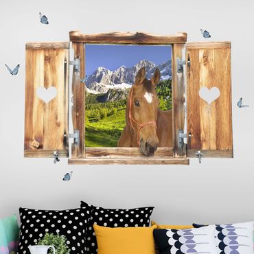 Sticker mural 3D - Window With Heart And Horse Styria Alpine Meadow