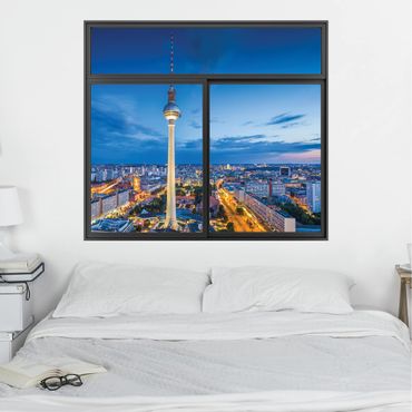 Sticker mural 3D - Window Black Berlin Skyline At Night With Television Tower