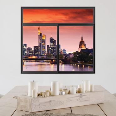 Sticker mural 3D - Window Black Frankfurt Skyline