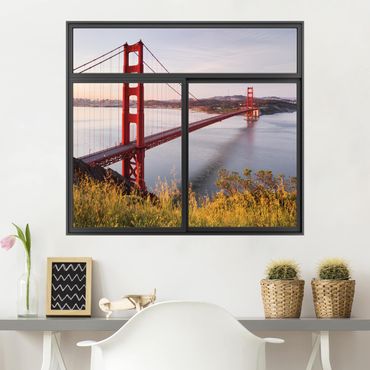 Sticker mural 3D - Window Black Golden Gate Bridge  In San Francisco