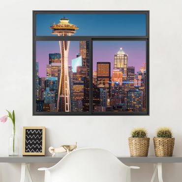 Sticker mural 3D - Window Black Seattle Skyline s In Pink