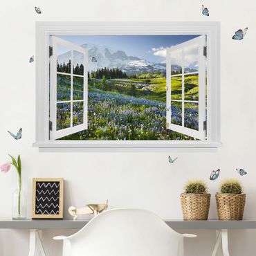 Sticker mural 3D - Open Window Mountain Meadow With Flowers In Front Of Mt. Rainier And Butterflies