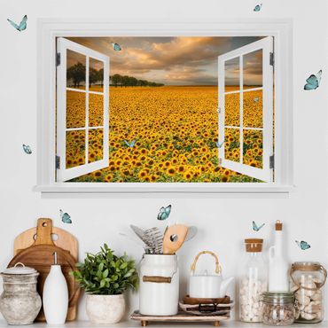 Sticker mural 3D - Open Window Field With Sunflowers