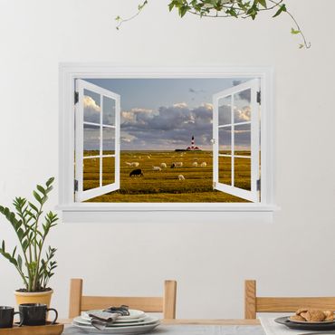 Sticker mural 3D - Open Window North Sea Lighthouse With Sheep Herd