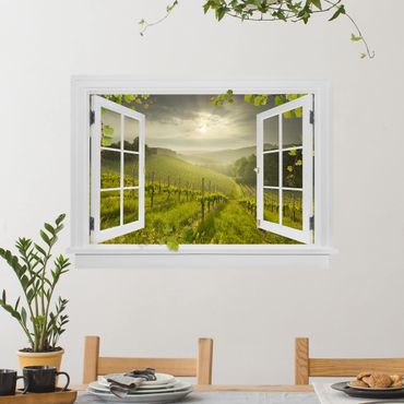 Sticker mural 3D - Open Window Sun Rays Vineyard With Vines And Grapes