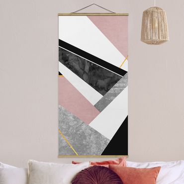 Tableau en tissu avec porte-affiche - Black And White Geometry With Gold