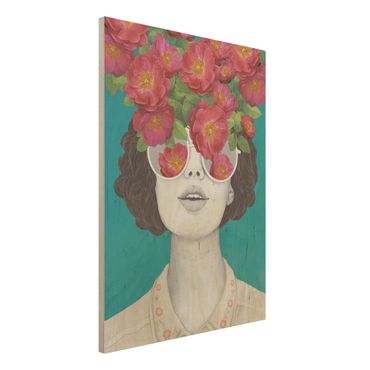 Impression sur bois - Illustration Portrait Woman Collage With Flowers Glasses
