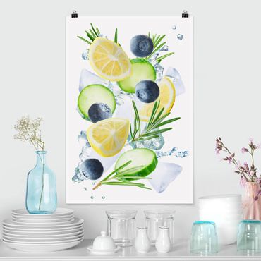 Poster cuisine - Blueberries Lemon Ice Spash
