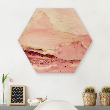 Hexagon Picture Wood - Abstract Mountains Pink With Golden Lines