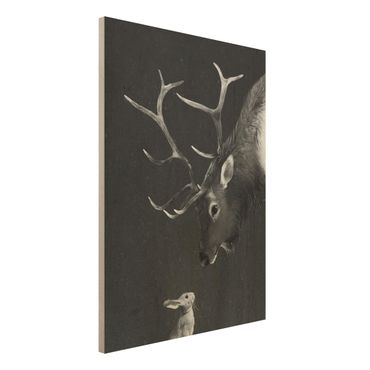 Impression sur bois - Illustration Deer And Rabbit Black And White Drawing