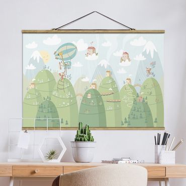 Tableau en tissu avec porte-affiche - Forest With Houses And Animals