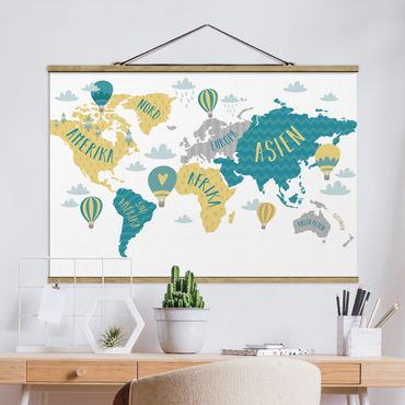 Tableau en tissu avec porte-affiche - World Map With Hot-Air Balloon