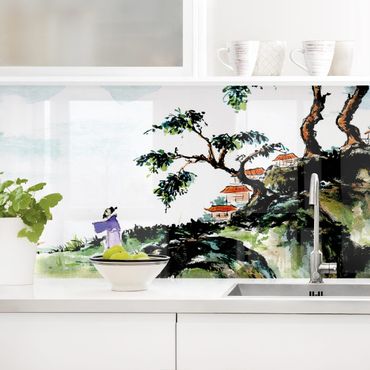 Revêtement mural cuisine - Japanese Watercolour Drawing Lake And Mountains