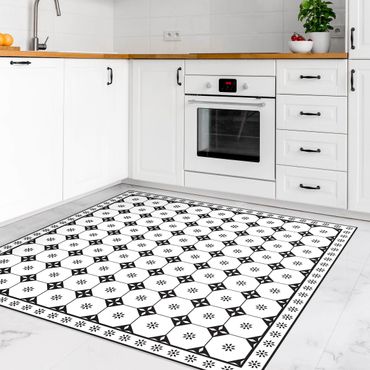 Vinyl Floor Mat - Geometrical Tiles Cottage Black And White With Border - Square Format 1:1