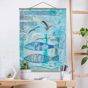 Tableau en tissu avec porte-affiche - Colourful Collage - Blue Fish