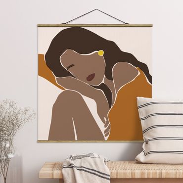 Tableau en tissu avec porte-affiche - Line Art Woman Brown Beige
