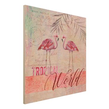 Impression sur bois - Vintage Collage - Tropical World Flamingos