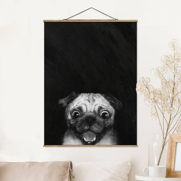 Tableau en tissu avec porte-affiche - Illustration Dog Pug Painting On Black And White
