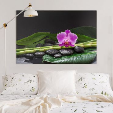 Impression sur toile - Green Bamboo With Orchid Flower