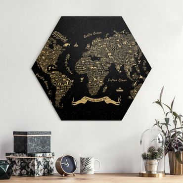 Hexagone en alu Dibond - Typography World Map Black