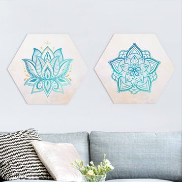 Hexagone en alu Dibond - Mandala Lotus Set Gold Blue