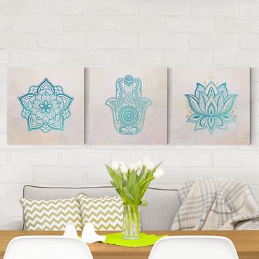 Impression sur toile - Mandala Hamsa Hand Lotus Set Gold Blue