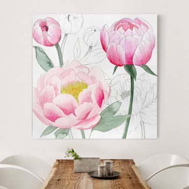 Impression sur toile - Drawing Light Pink Peonies II