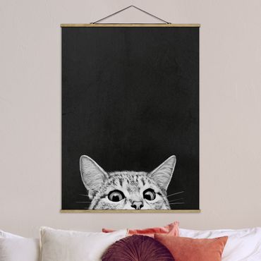 Tableau en tissu avec porte-affiche - Illustration Cat Black And White Drawing
