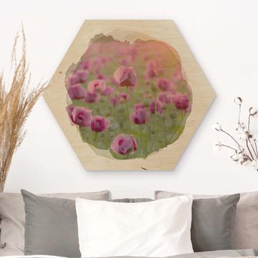 Hexagone en bois - WaterColours - Violet Poppy Flowers Meadow In Spring
